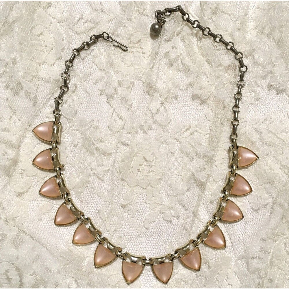 Vintage Pink Moon Glow Necklace Thermoset Silver Tone Spring Pastel jewelry